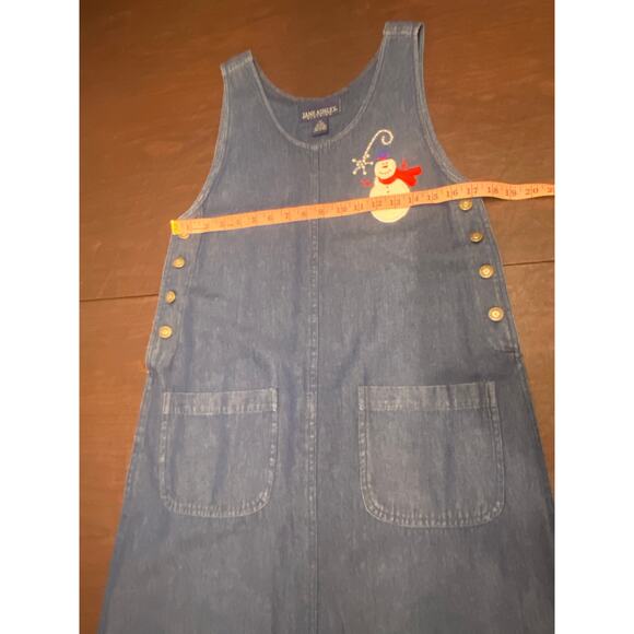 90s Vintage Jane Ashley Denim Jumper Dress Christmas Embroidered Snowman Teacher - Picture 3 of 10